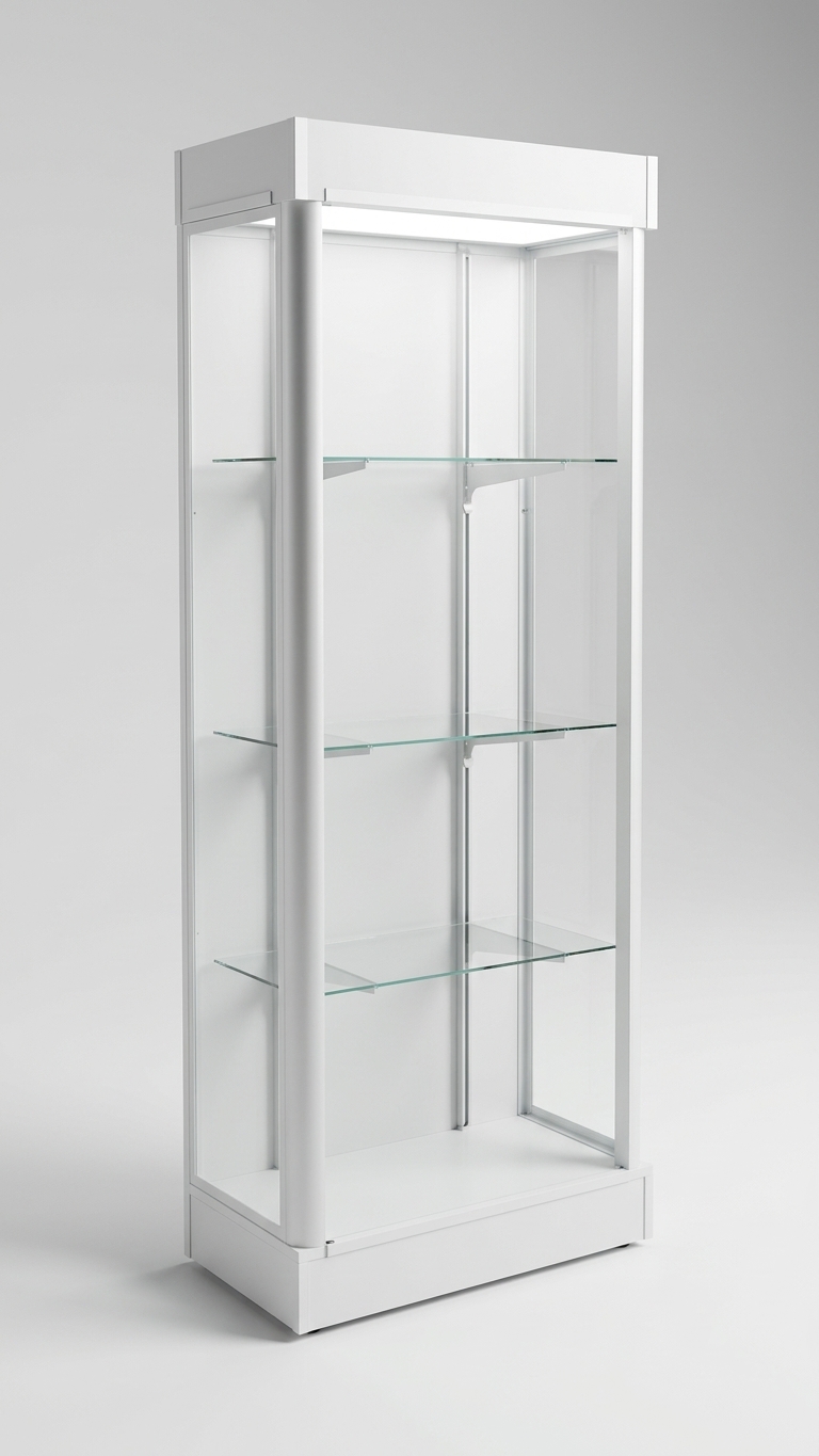 Vitrina alta en aluminio y vidrio — frente comercial