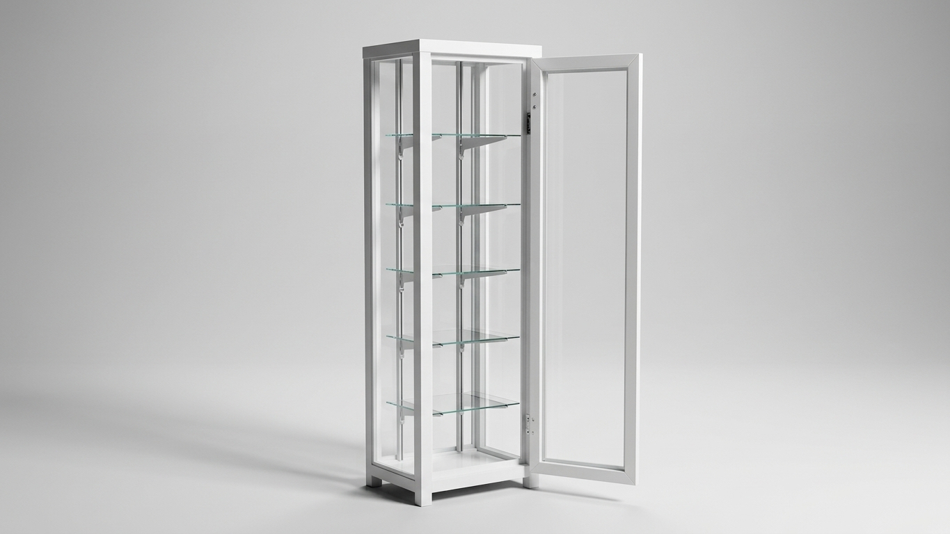 Vitrina de aluminio con puerta abierta — herrajes a la vista